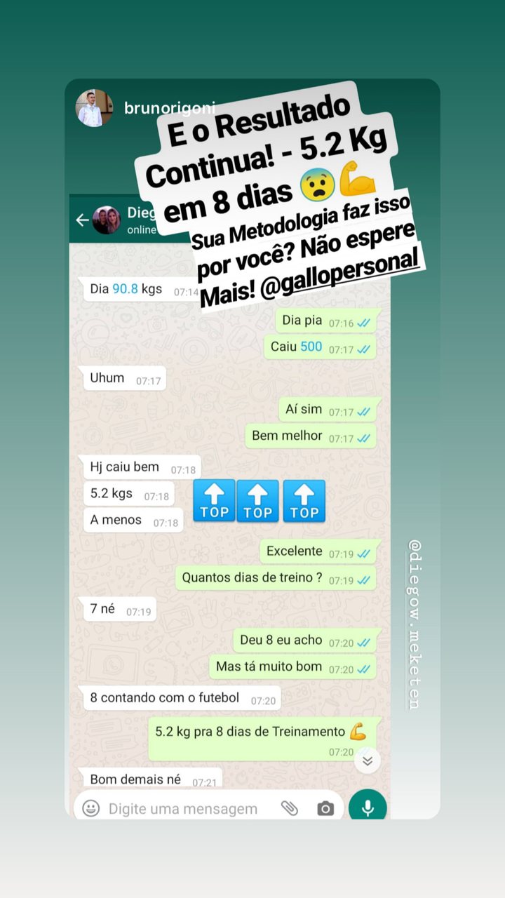 Conversa de WhatsApp entre o personal Bruno Rigoni e o aluno Diego, com o aluno relatando 5,2 quilos a menos em 8 dias